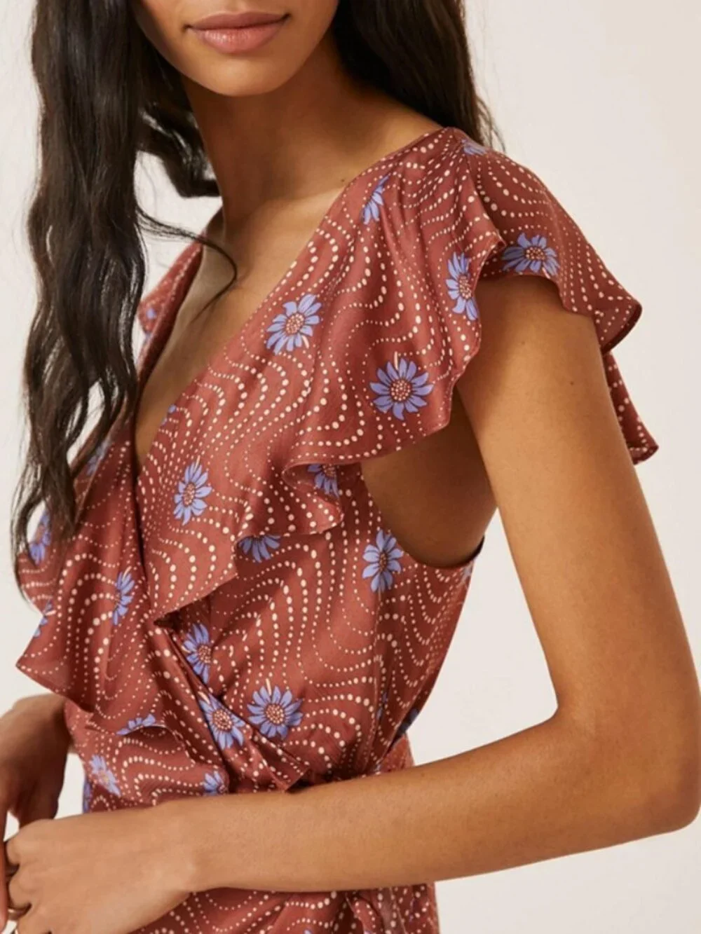 Anthropologie Brown Ruffle-Sleeve Printed-Wrap Maxi Dress Size XXSP 38430